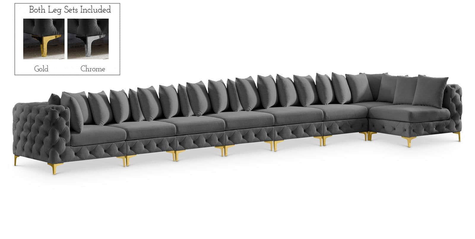 Monroe 228" Grey Velvet Upholstered Sectional, 8-Piece