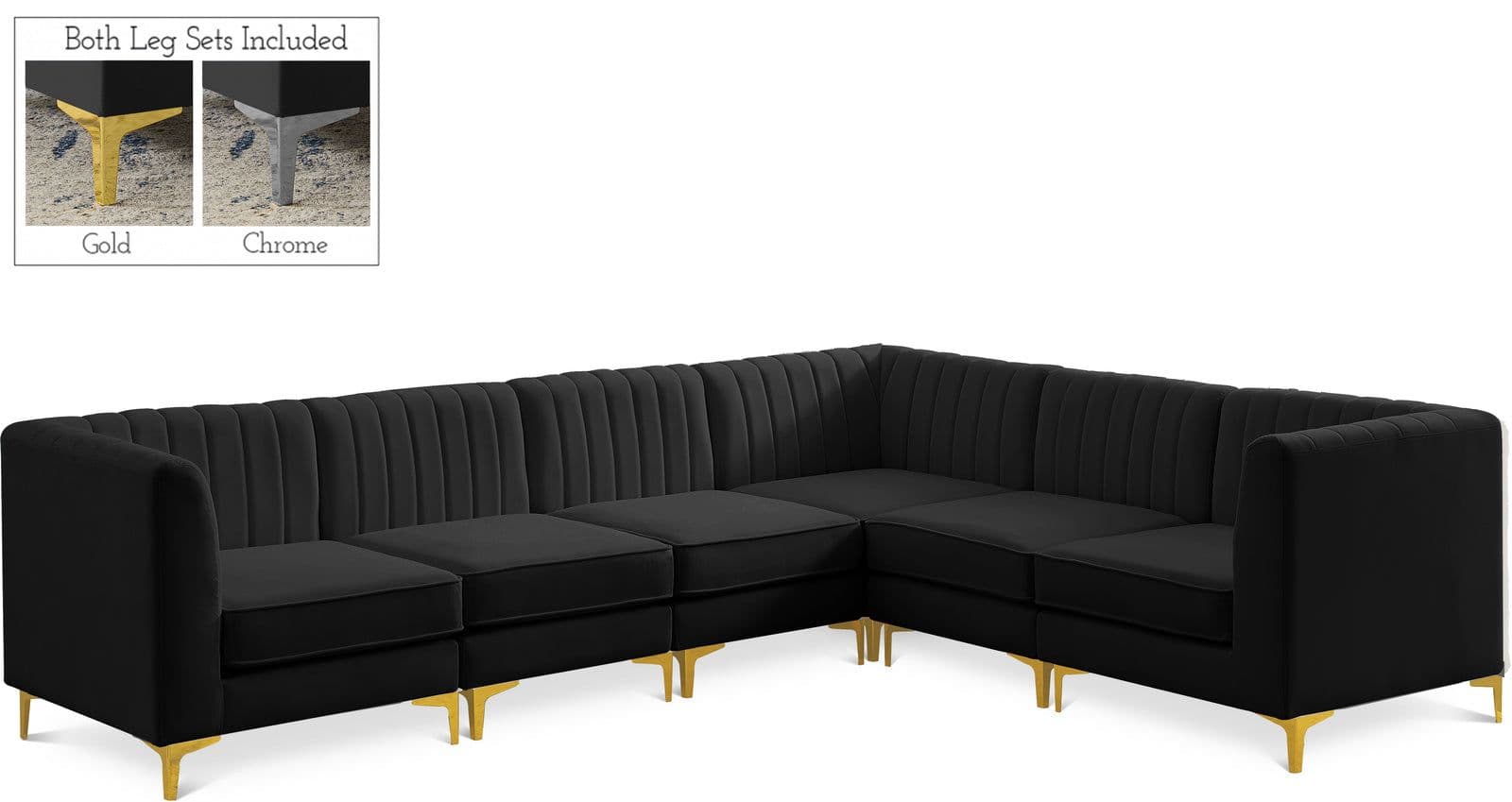 Quinn 116.5" Black Velvet Upholstered Sectional, 6-Piece