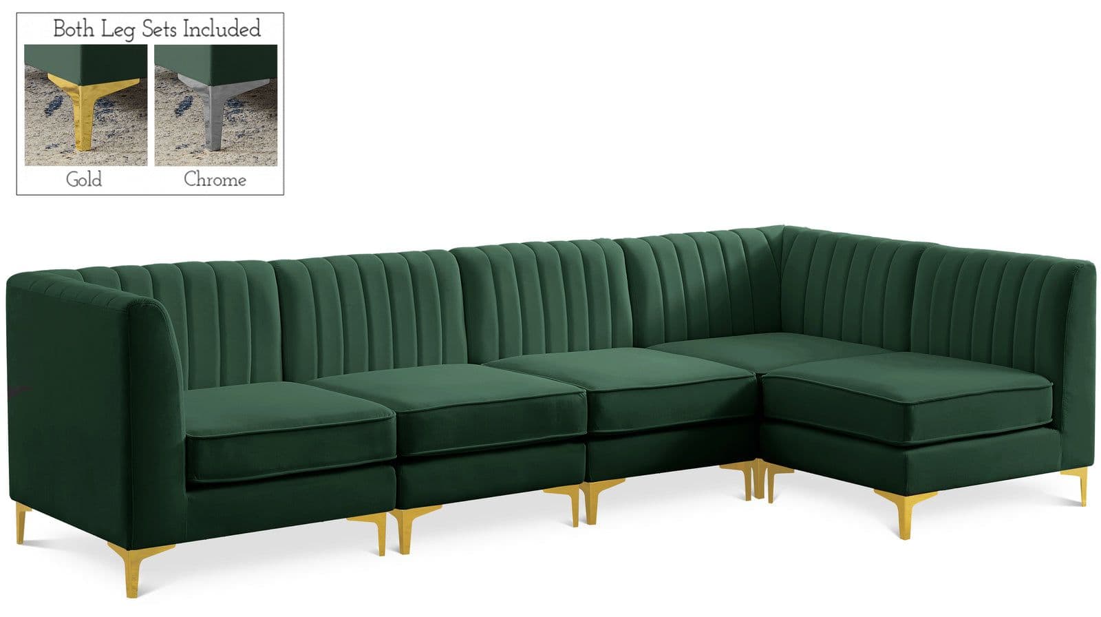 Quinn 116.5" Green Velvet Upholstered Sectional, 5-Piece