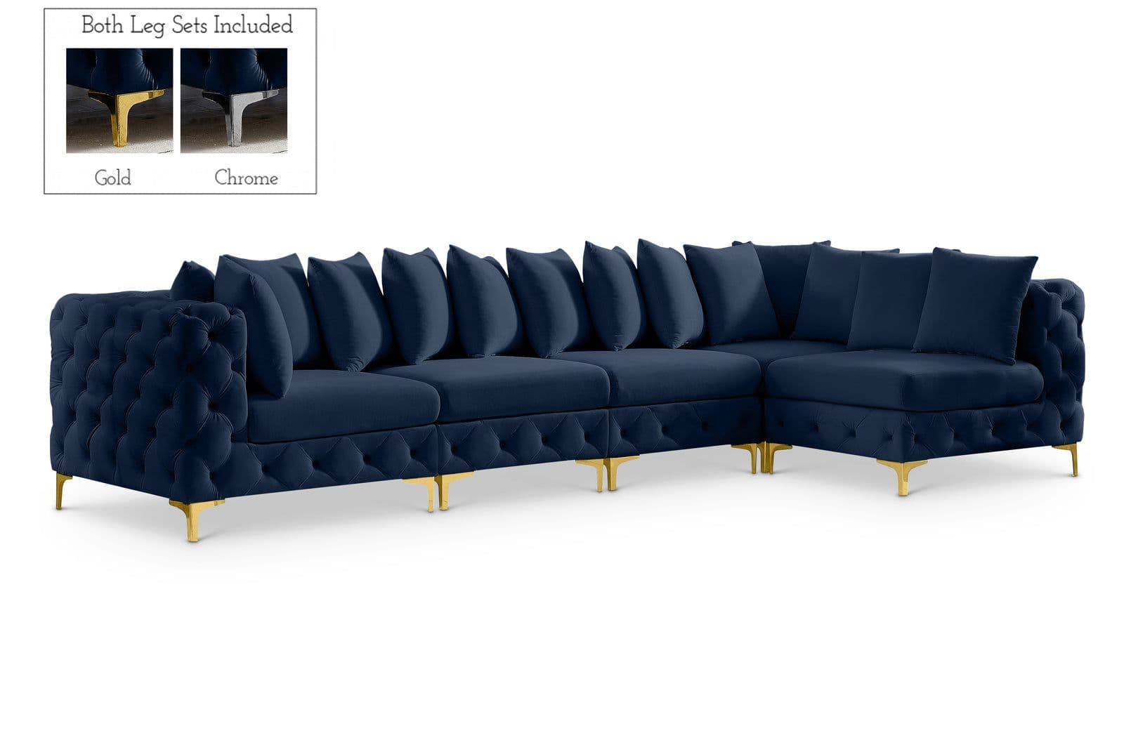 Monroe 139" Navy Velvet Upholstered Sectional, 5-Piece