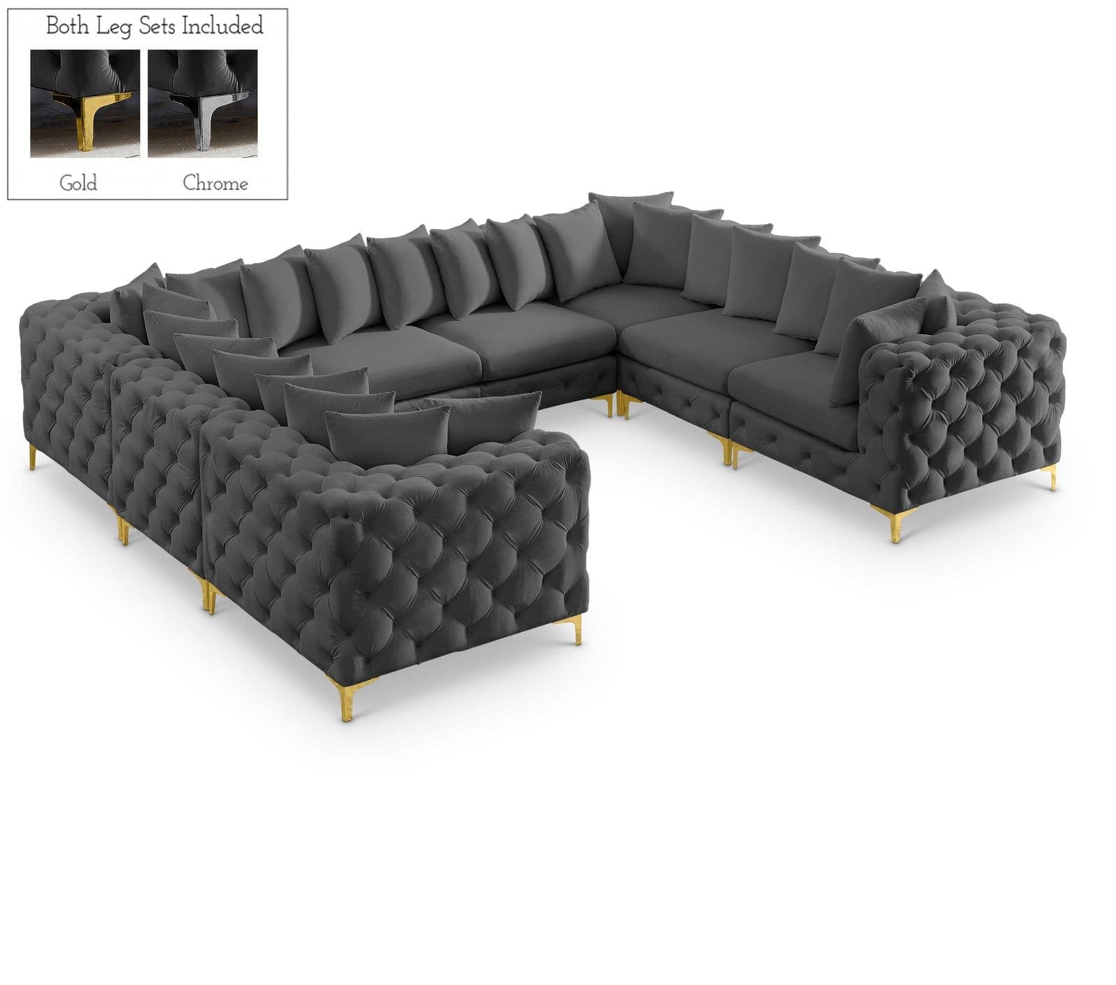 Monroe 139" Grey Velvet Upholstered Sectional, 8-Piece