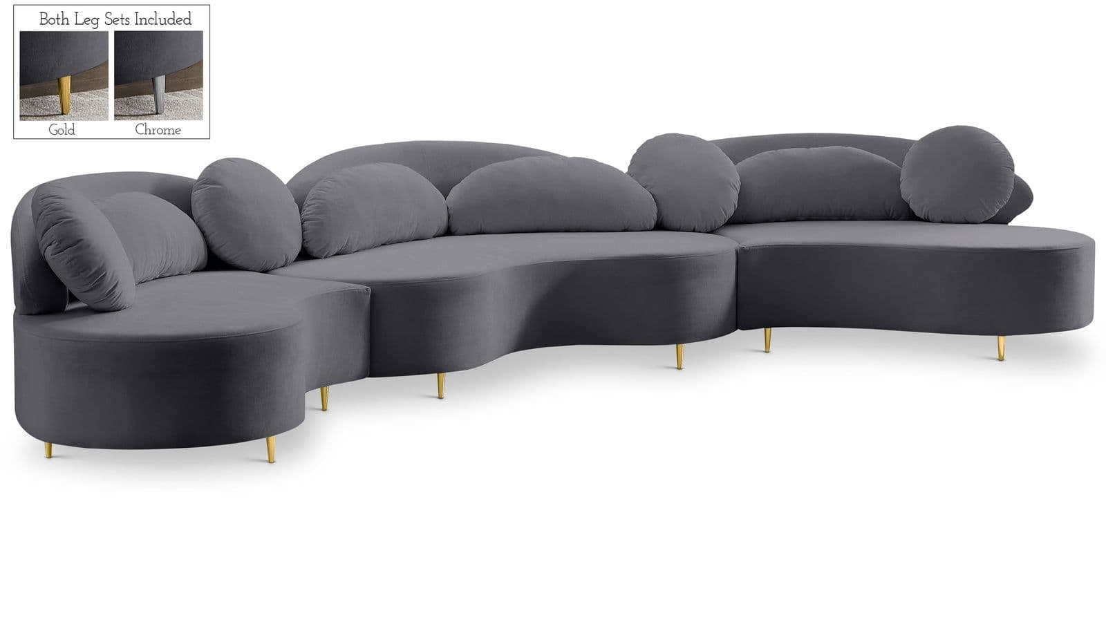 Selene 169" Grey Velvet Upholstered Sectional, 3-Piece