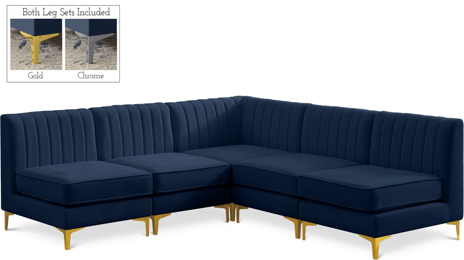 Quinn 84.5" Navy Velvet Upholstered Sectional, 5-Piece