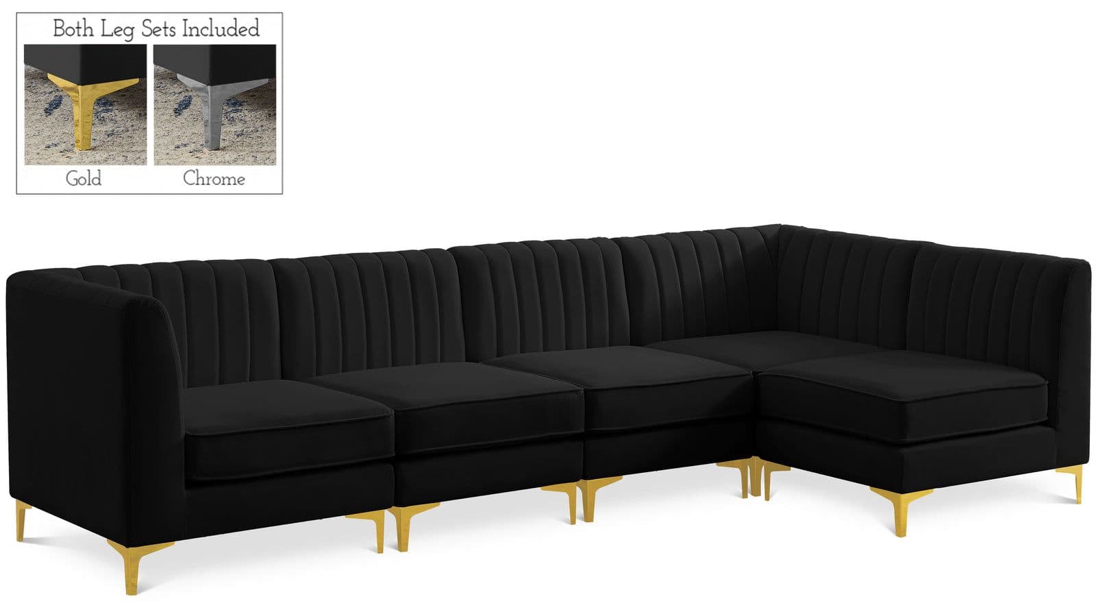 Quinn 116.5" Black Velvet Upholstered Sectional, 5-Piece