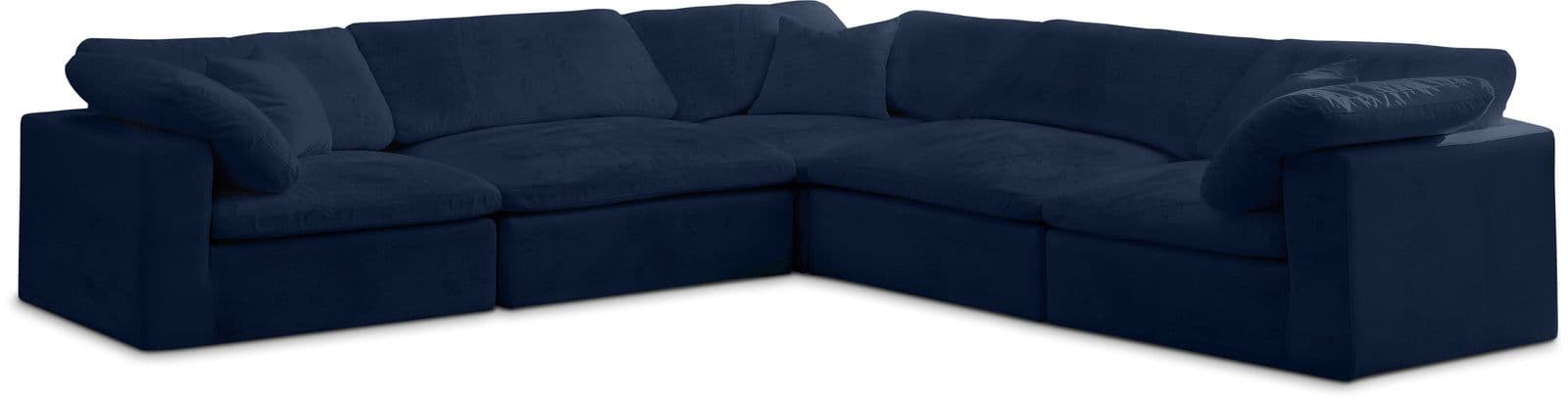 Florence 119" Navy Velvet Upholstered Overstuffed Fiber Filled Comfort Sectional, 5-Piece