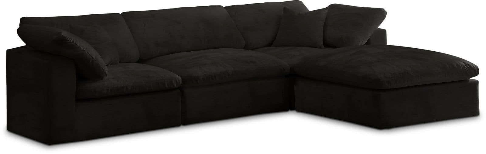 Florence 119" Black Velvet Upholstered Overstuffed Fiber Filled Comfort Sectional, 4-Piece