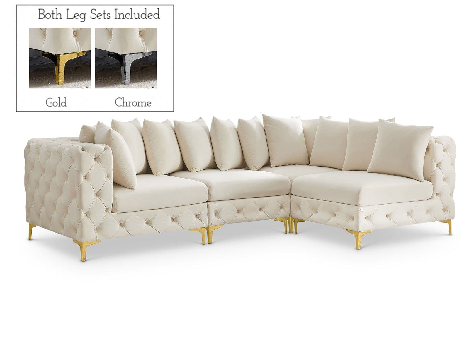 Monroe 109" Cream Velvet Upholstered Sectional, 4-Piece