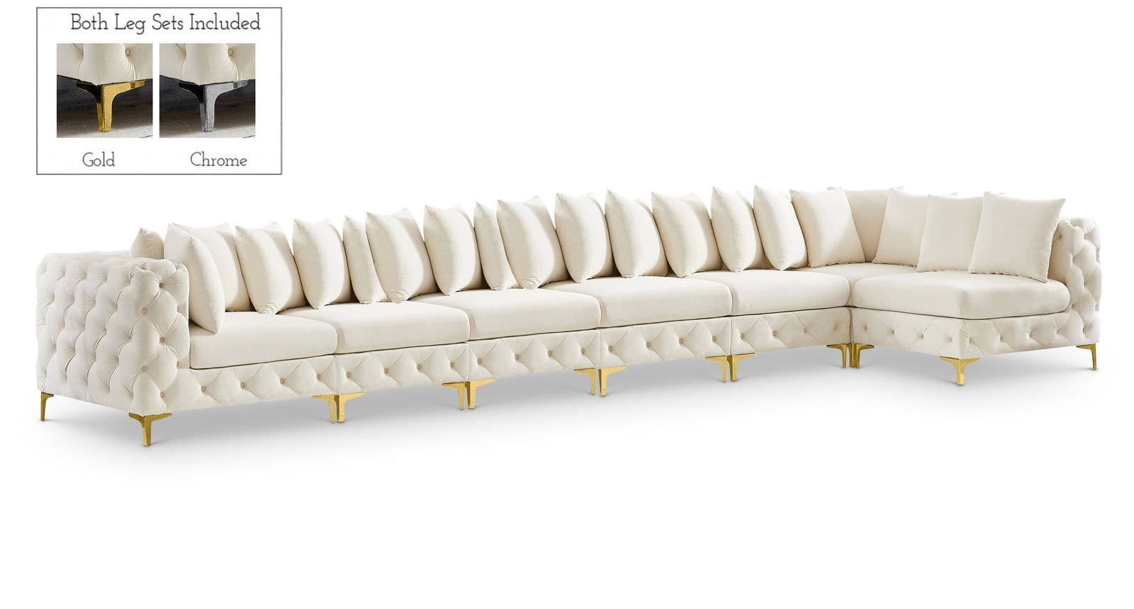 Monroe 198" Cream Velvet Upholstered Sectional, 7-Piece