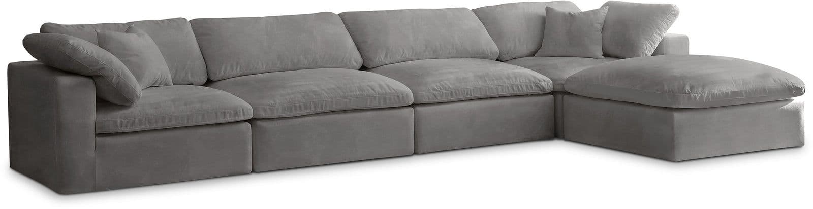 Florence 158" Grey Velvet Upholstered Overstuffed Fiber Filled Comfort Sectional, 5-Piece