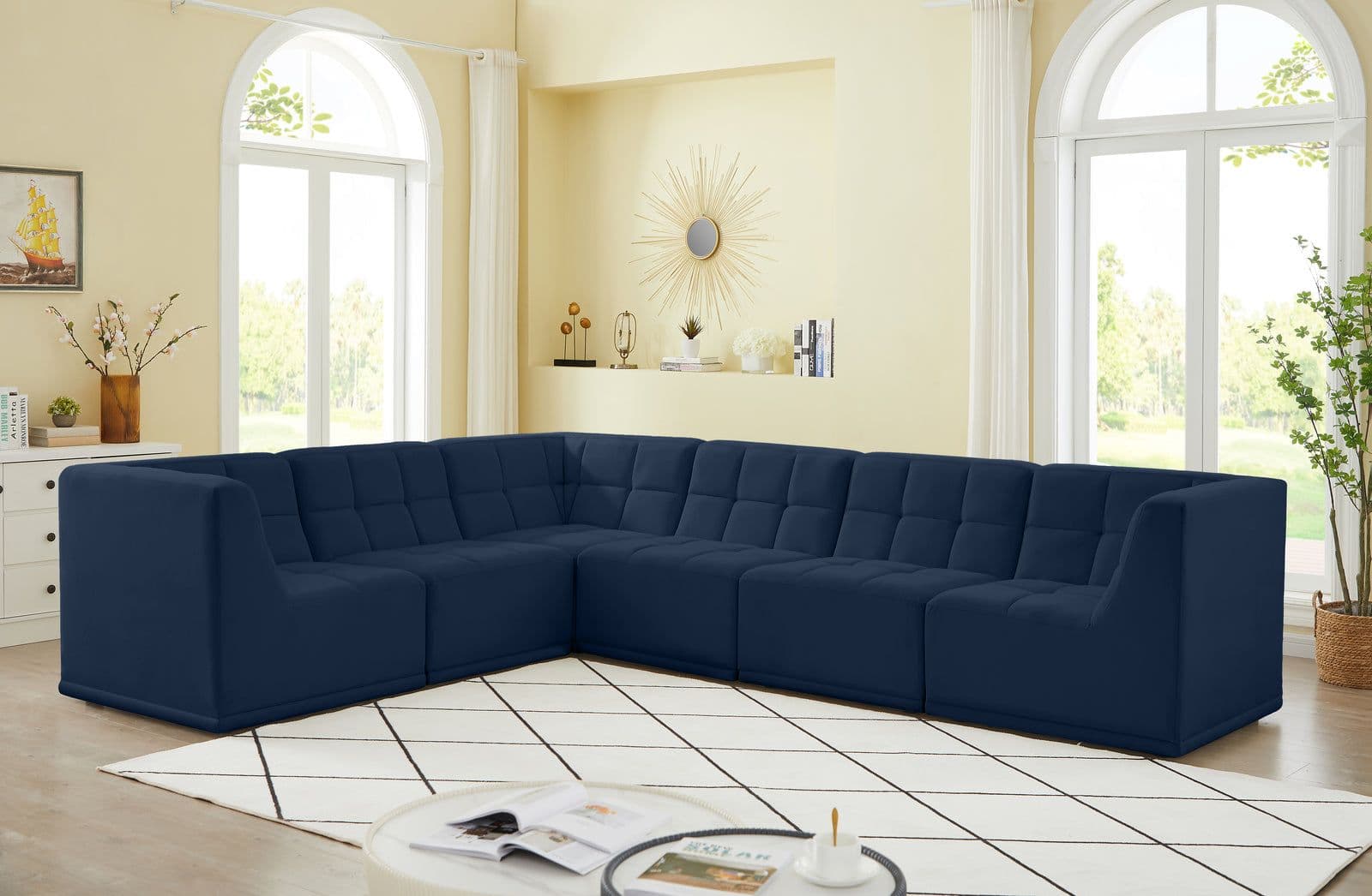 Jolie 128" Navy Velvet Upholstered Sectional, 6-Piece