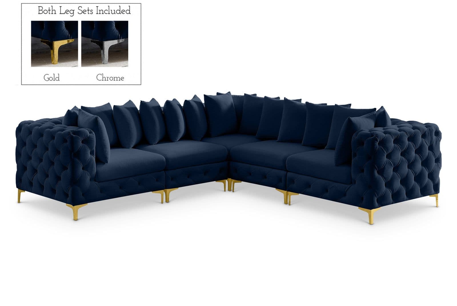 Monroe 109" Navy Velvet Upholstered Sectional, 5-Piece