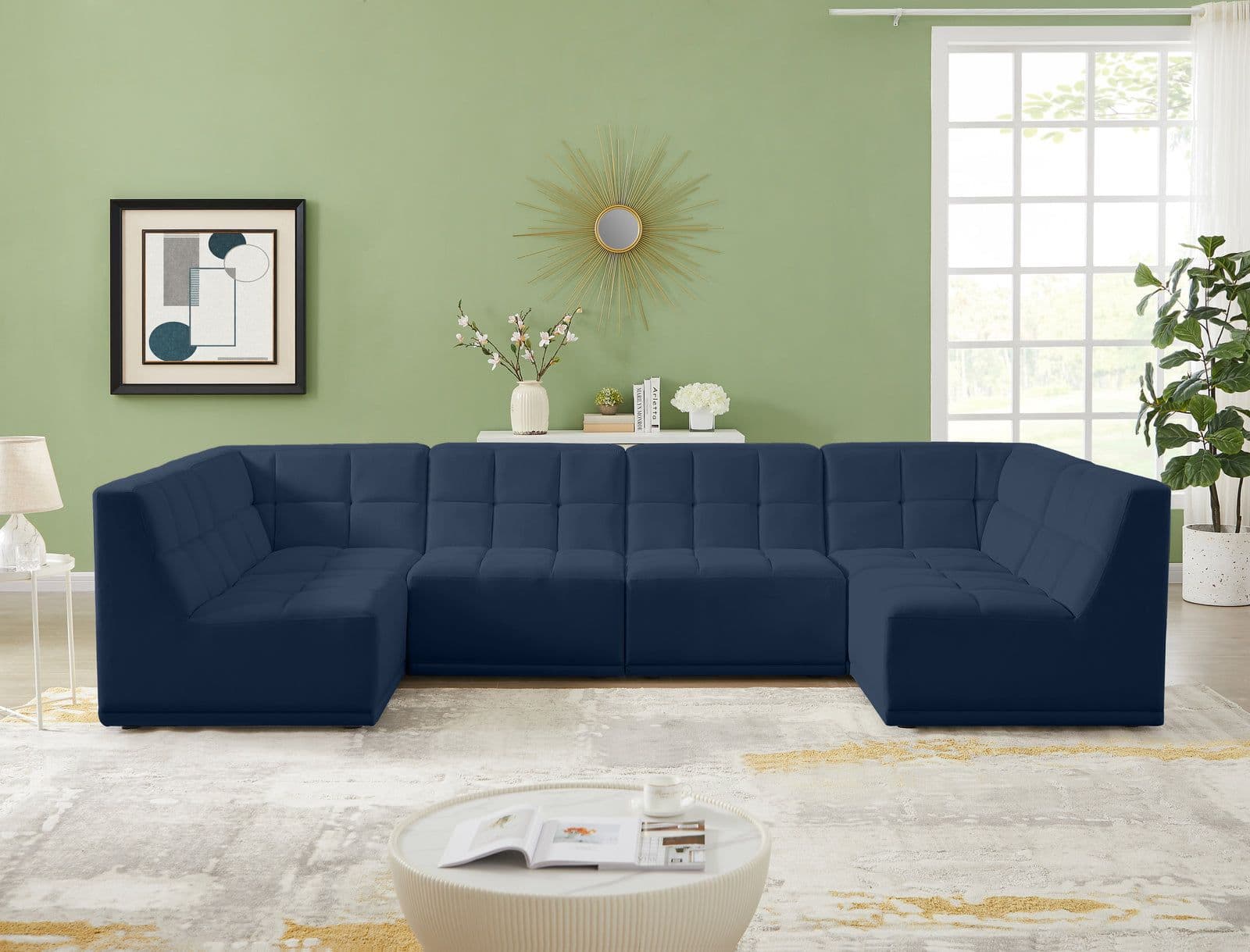 Jolie 128" Navy Velvet Upholstered Sectional, 6-Piece (Style 2)