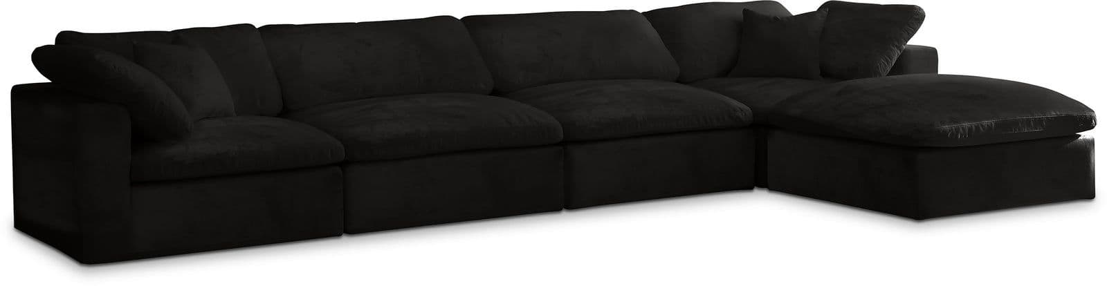 Florence 158" Black Velvet Upholstered Overstuffed Fiber Filled Comfort Sectional, 5-Piece