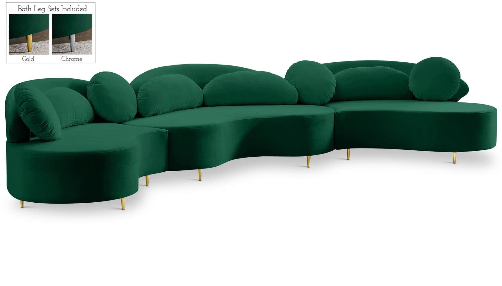 Selene 169" Green Velvet Upholstered Sectional, 3-Piece