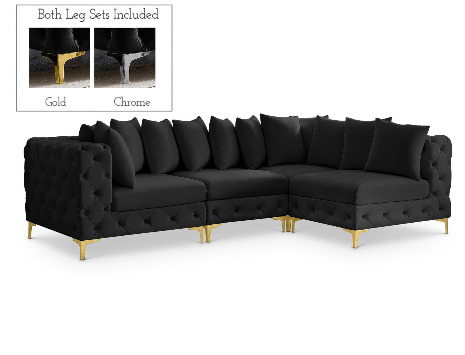 Monroe 109" Black Velvet Upholstered Sectional, 4-Piece
