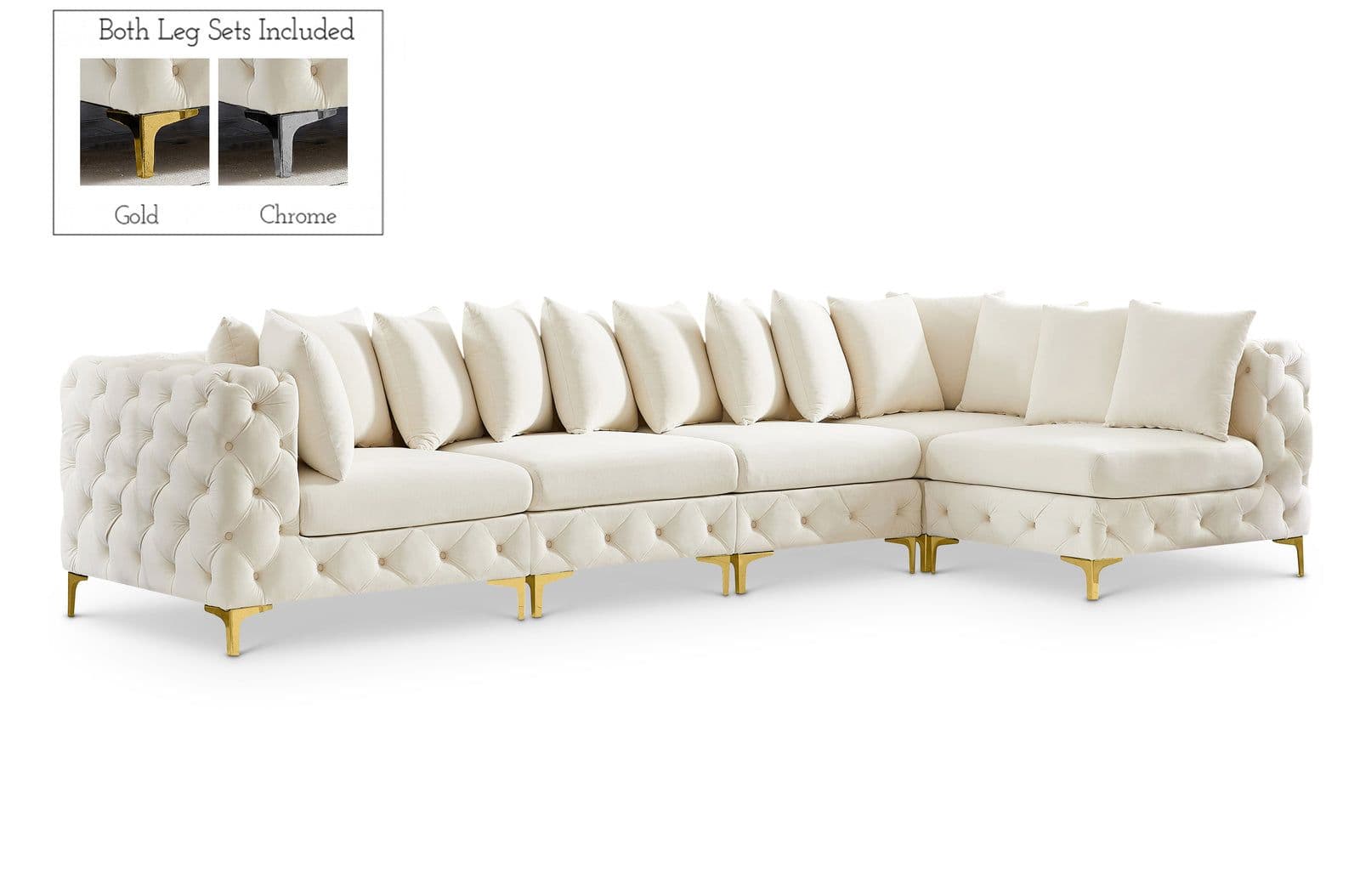 Monroe 139" Cream Velvet Upholstered Sectional, 5-Piece