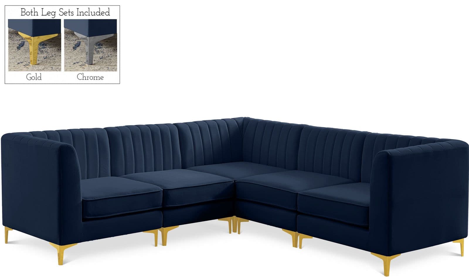 Quinn 91" Navy Velvet Upholstered Sectional, 5-Piece