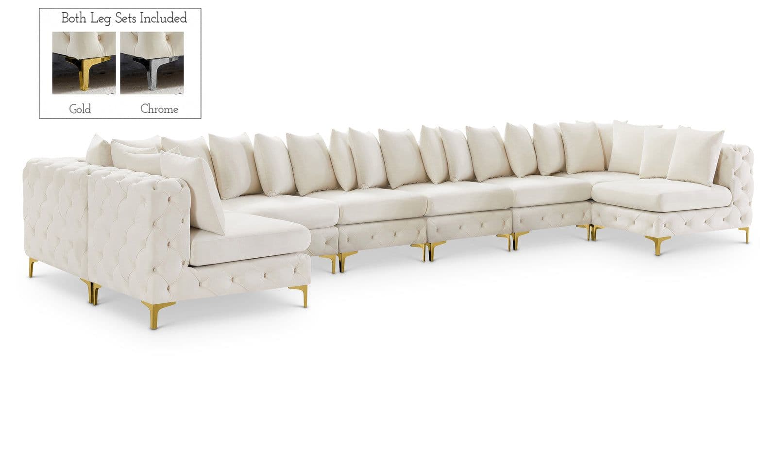 Monroe 198" Cream Velvet Upholstered Sectional, 9-Piece
