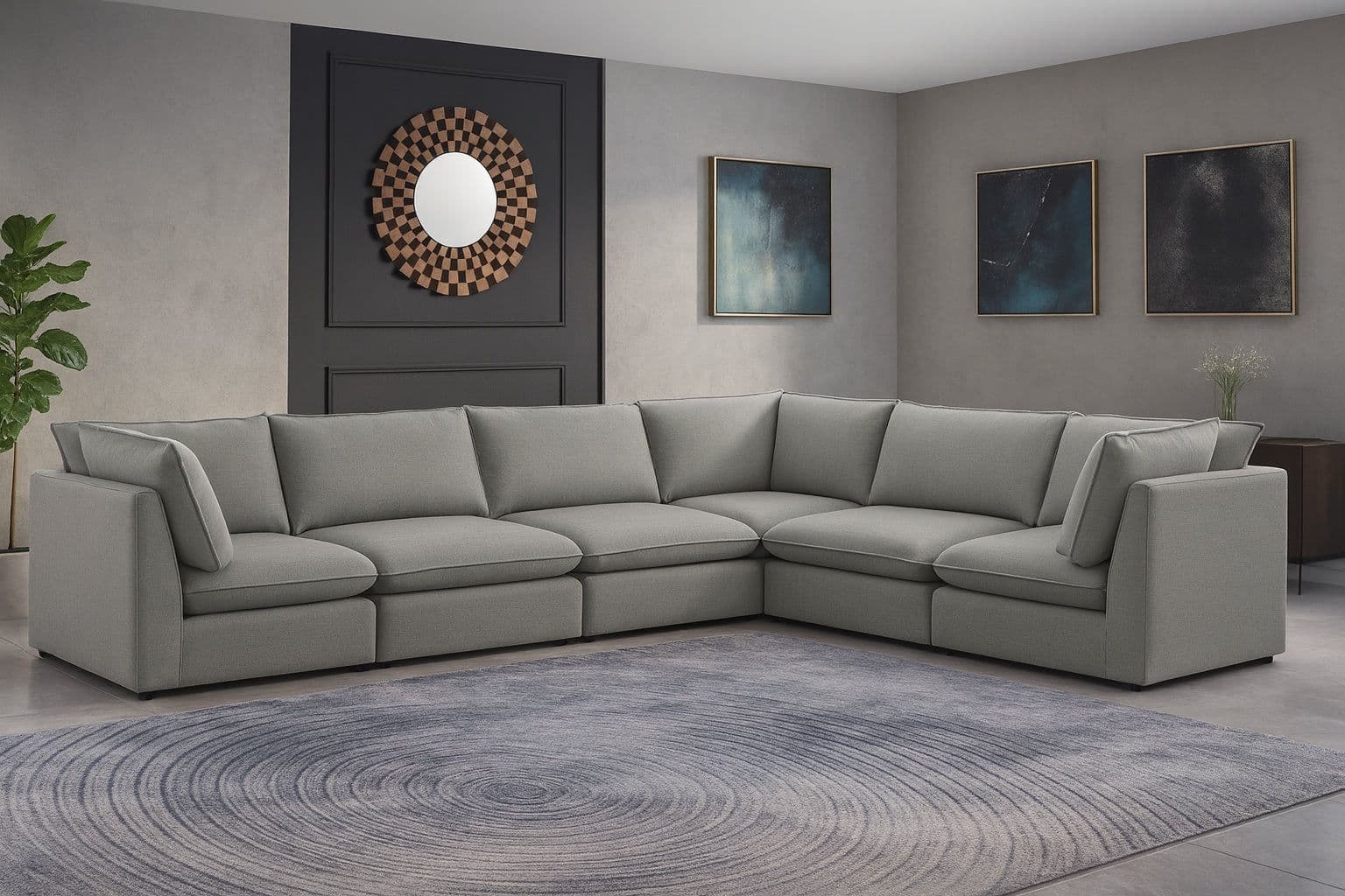 Linden 160" Grey Linen Textured Fabric Upholstered Sectional, 6-Piece
