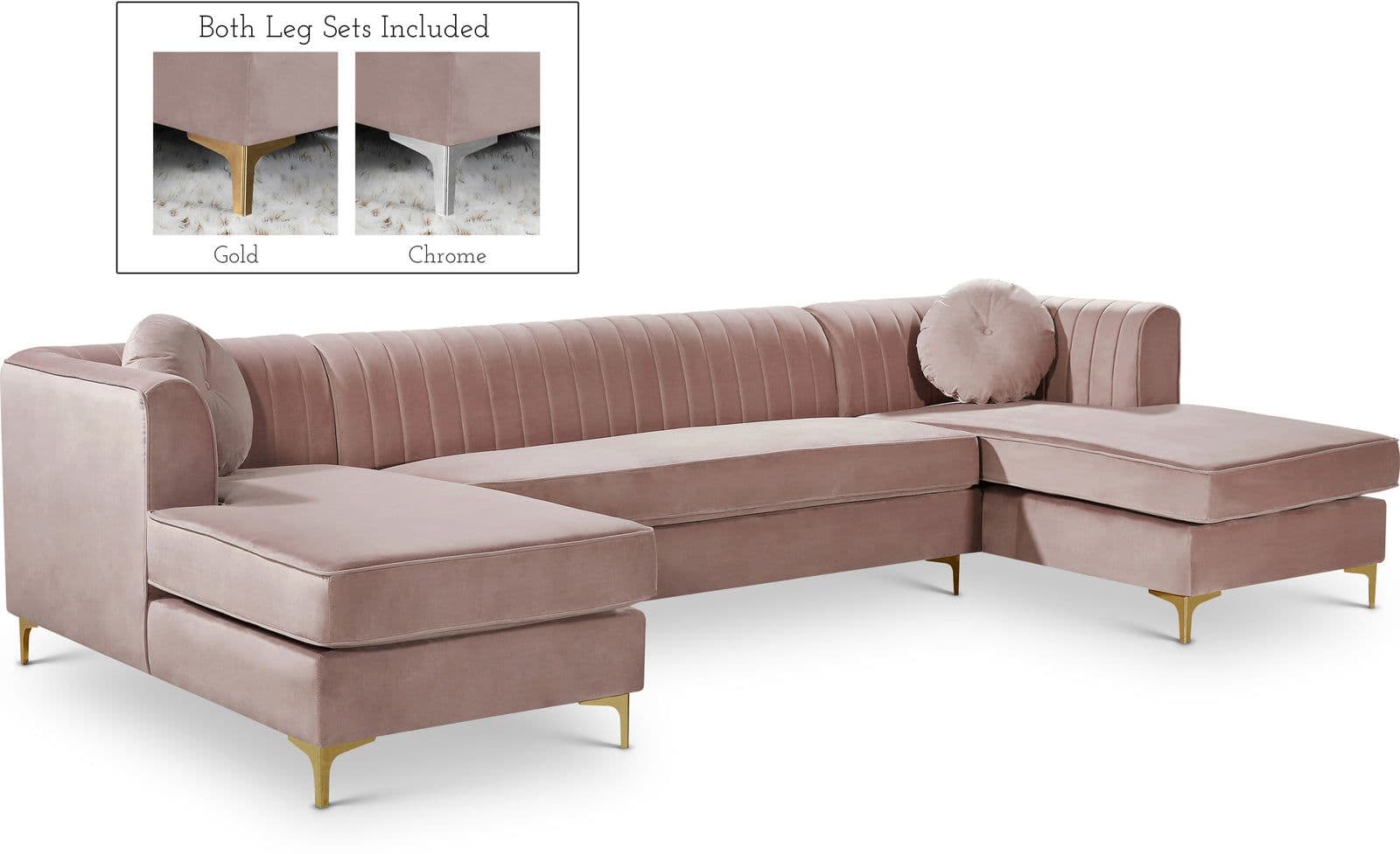 Tessa 132" Pink Velvet Upholstered Sectional, 3-Piece