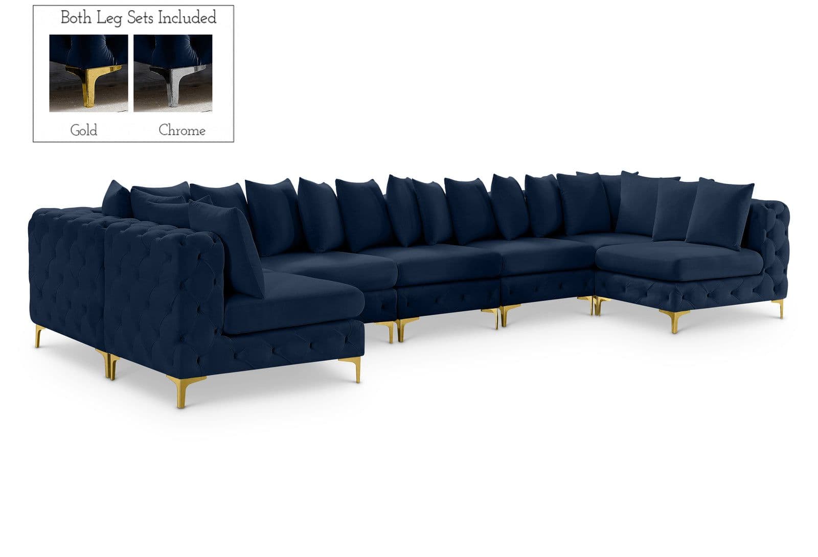 Monroe 169" Navy Velvet Upholstered Sectional, 7-Piece (Style 2)