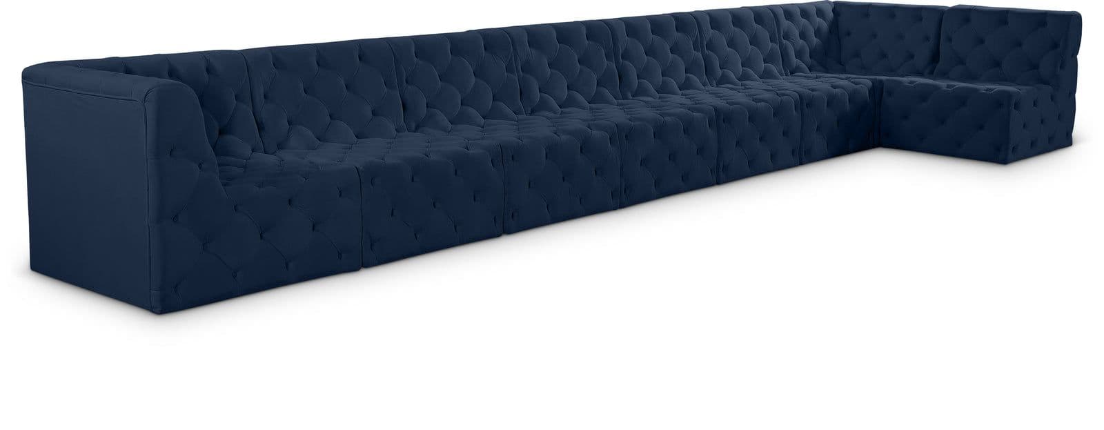 Faye 215" Navy Velvet Upholstered Sectional, 8-Piece