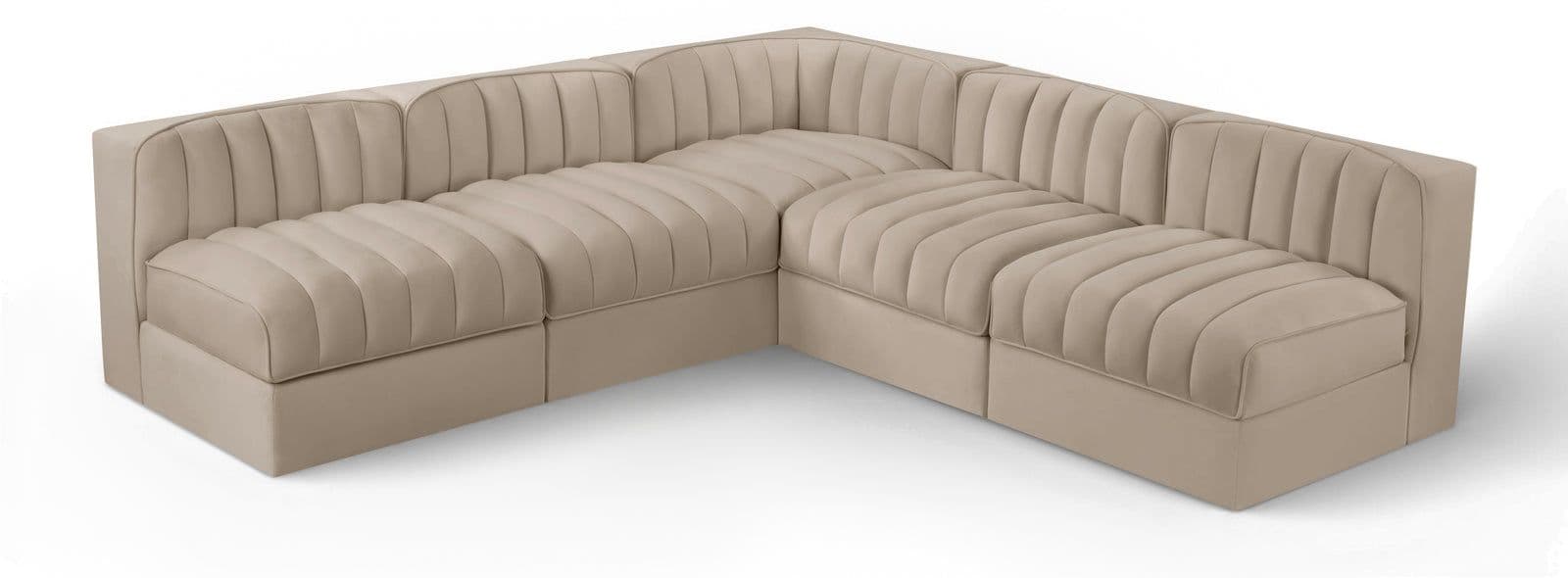 Talia Beige Velvet Performance Fabric Upholstered Sectional, 5-Piece