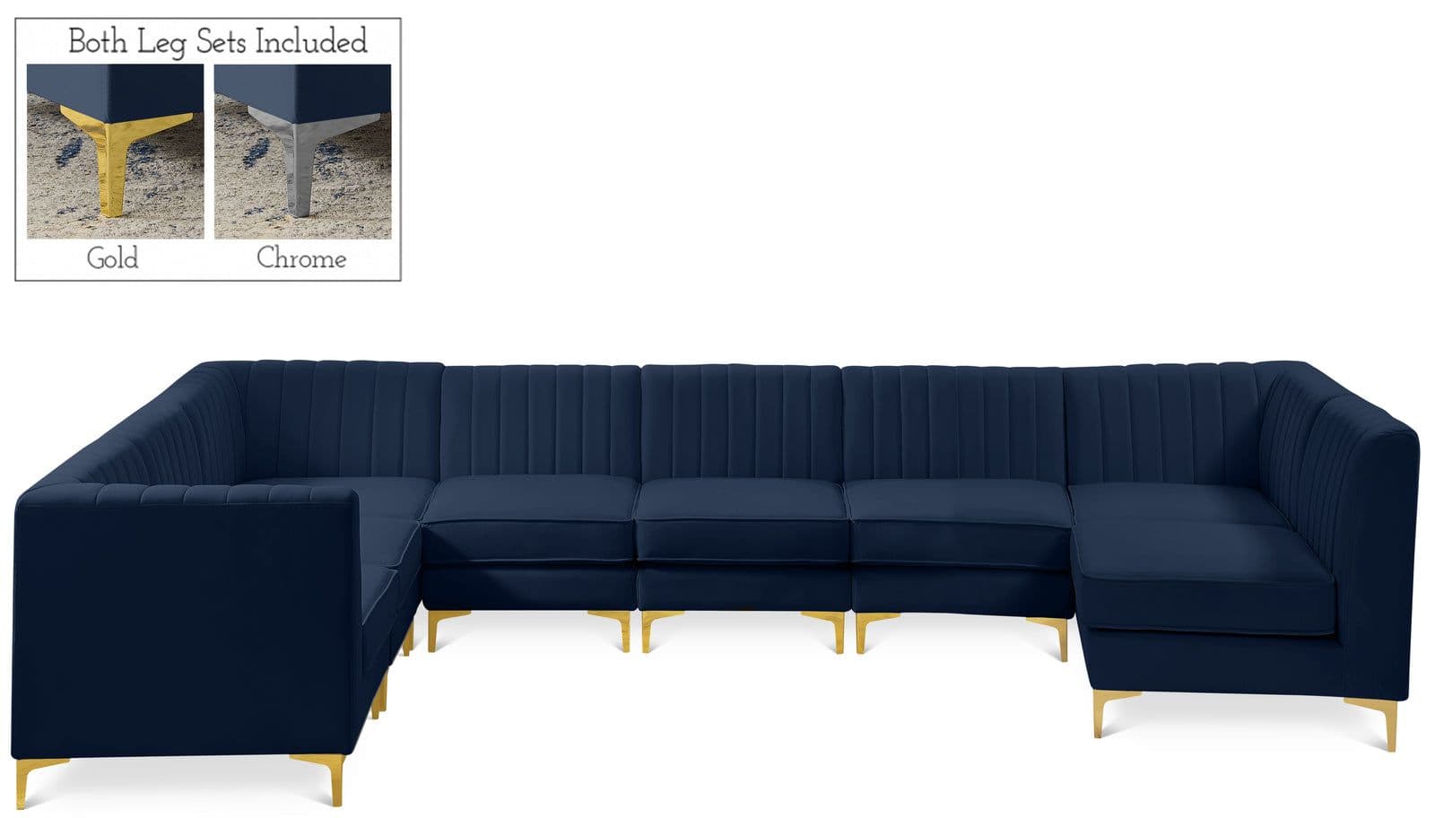 Quinn 142" Navy Velvet Upholstered Sectional, 8-Piece
