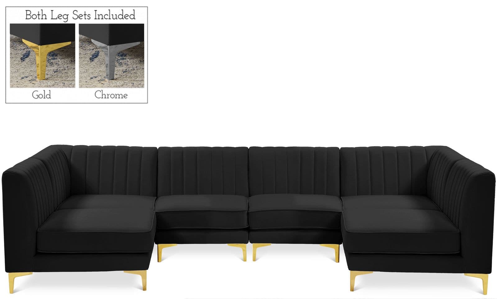 Quinn 116.5" Black Velvet Upholstered Sectional, 6-Piece (Style 2)