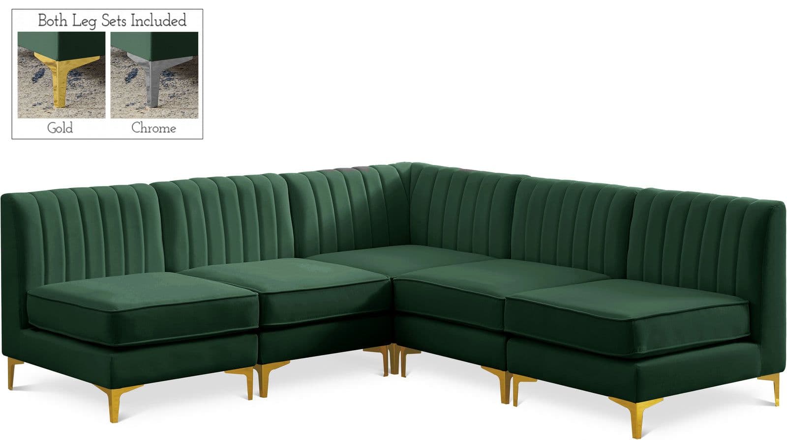 Quinn 84.5" Green Velvet Upholstered Sectional, 5-Piece