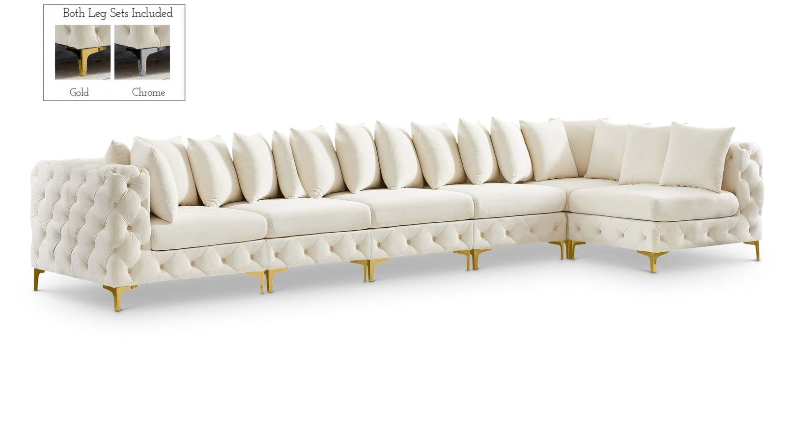 Monroe 169" Cream Velvet Upholstered Sectional, 6-Piece