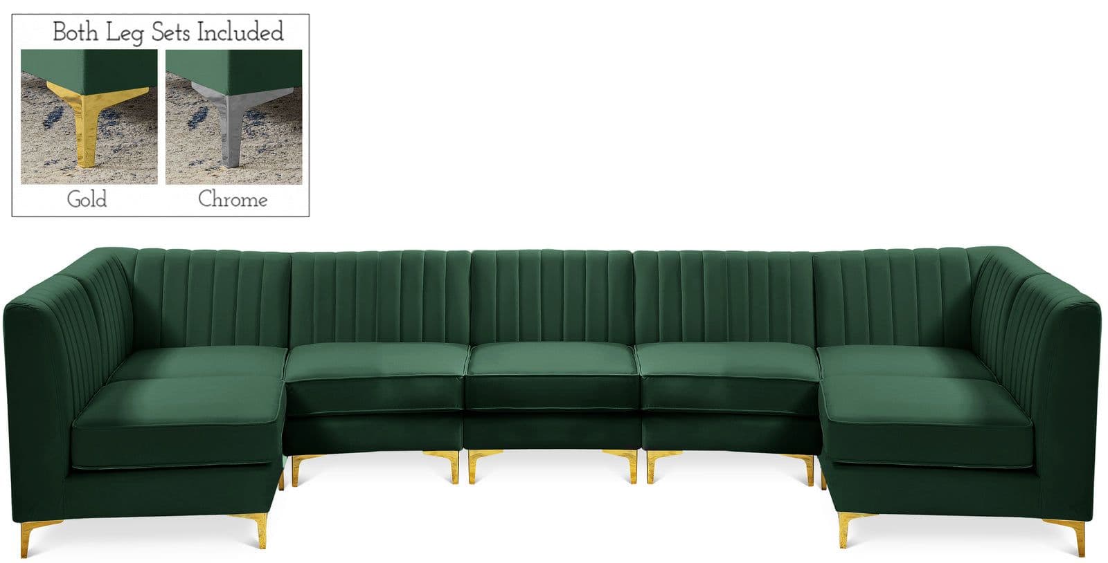 Quinn 142" Green Velvet Upholstered Sectional, 7-Piece