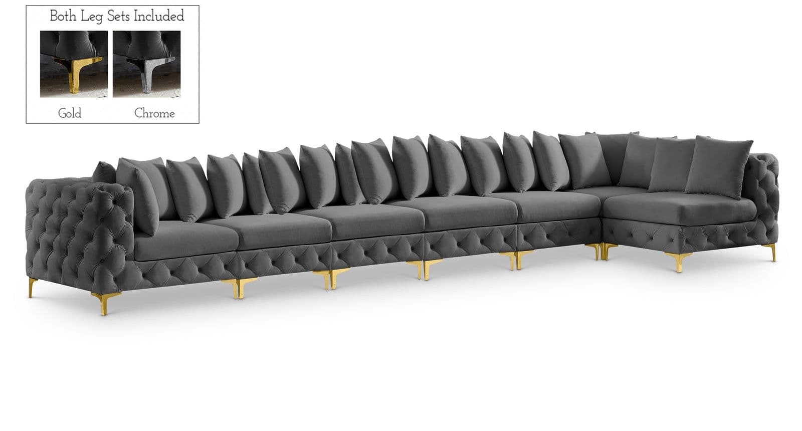 Monroe 198" Grey Velvet Upholstered Sectional, 7-Piece