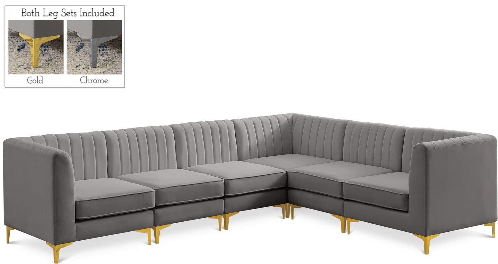 Quinn 116.5" Grey Velvet Upholstered Sectional, 6-Piece