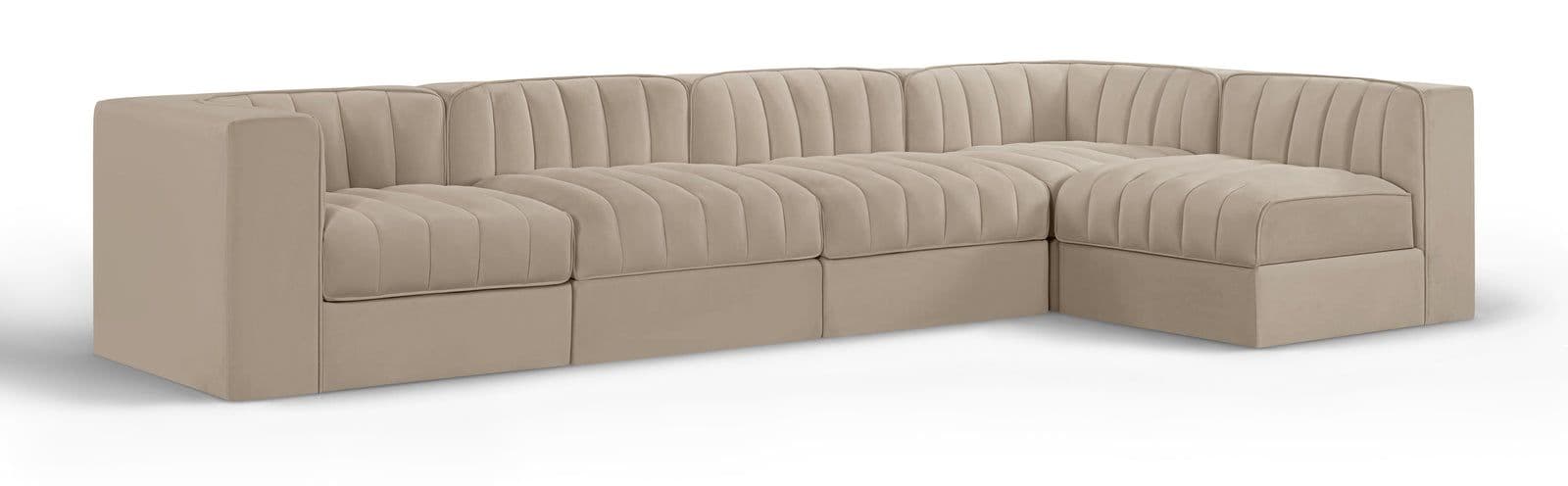 Talia Beige Velvet Performance Fabric Upholstered Sectional, 5-Piece (Style 5)