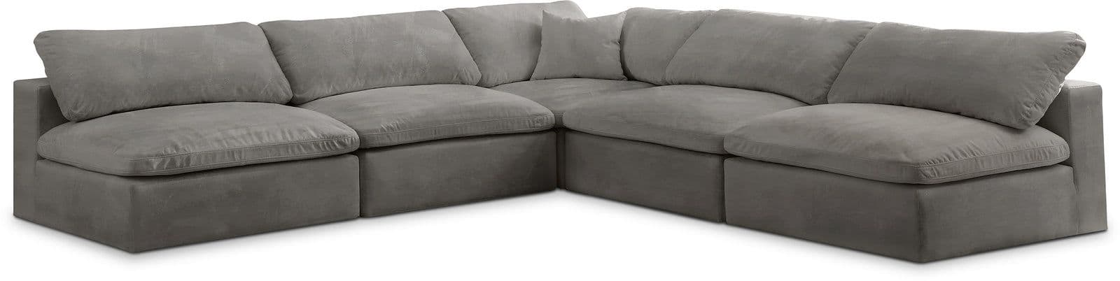 Florence 118" Grey Velvet Upholstered Overstuffed Fiber Filled Comfort Sectional, 5-Piece