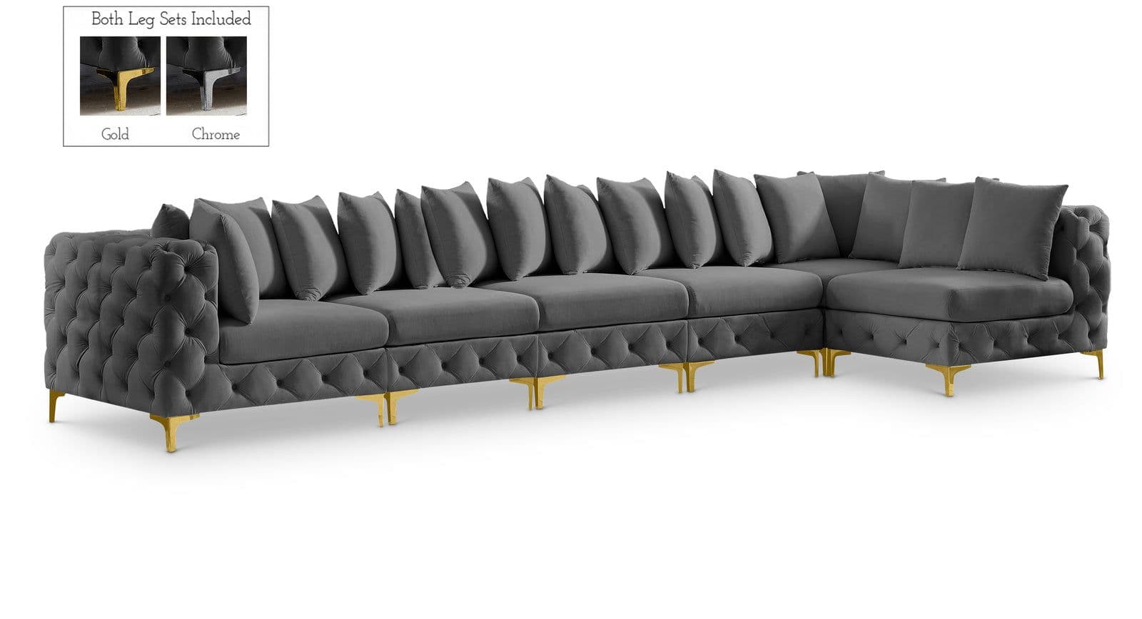 Monroe 169" Grey Velvet Upholstered Sectional, 6-Piece