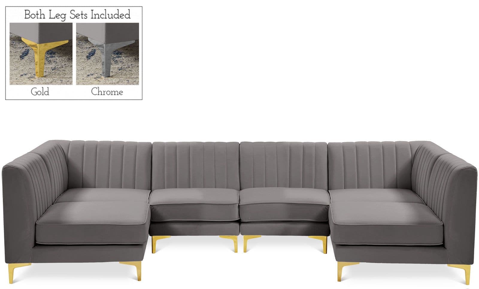 Quinn 116.5" Grey Velvet Upholstered Sectional, 6-Piece (Style 2)