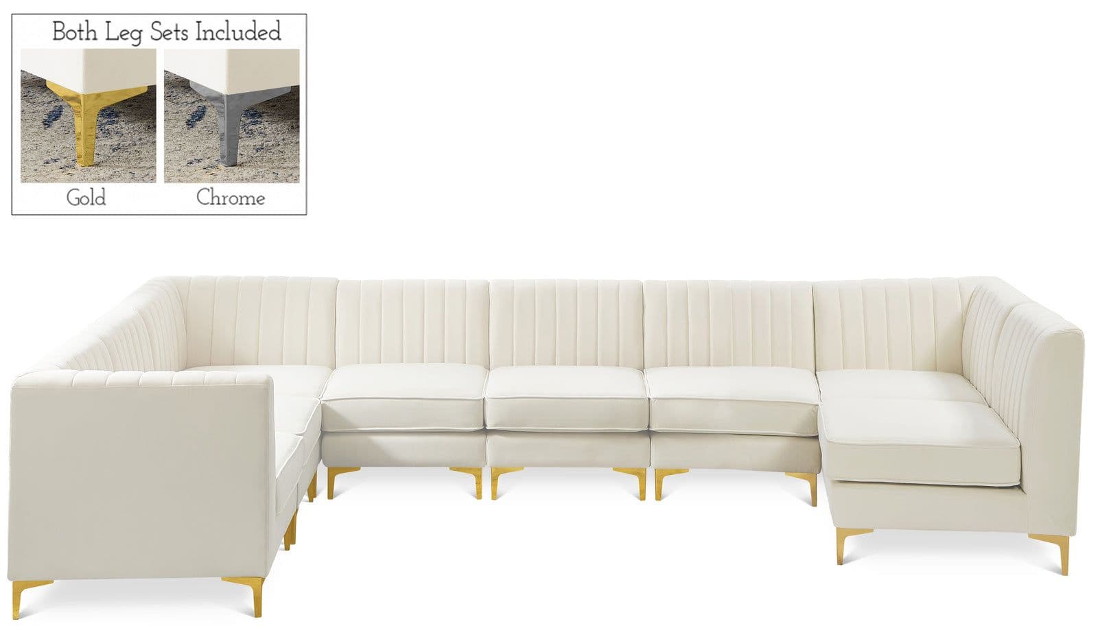 Quinn 142" Cream Velvet Upholstered Sectional, 8-Piece