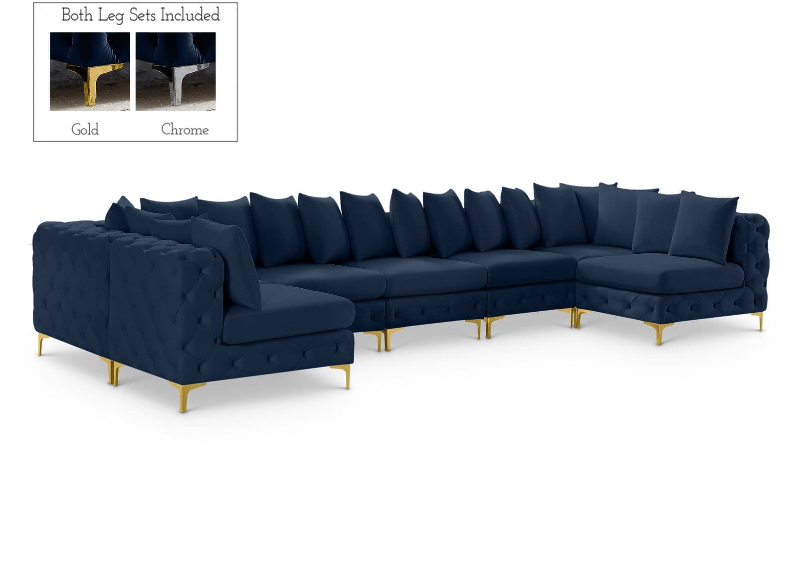 Monroe 169" Navy Velvet Upholstered Sectional, 7-Piece