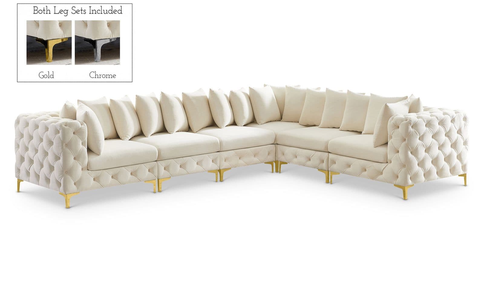 Monroe 139" Cream Velvet Upholstered Sectional, 6-Piece