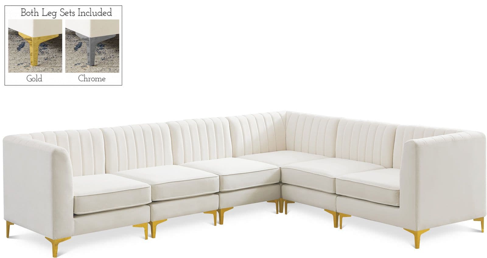 Quinn 116.5" Cream Velvet Upholstered Sectional, 6-Piece