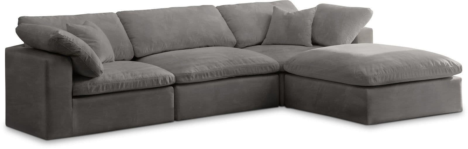 Florence 119" Grey Velvet Upholstered Overstuffed Fiber Filled Comfort Sectional, 4-Piece