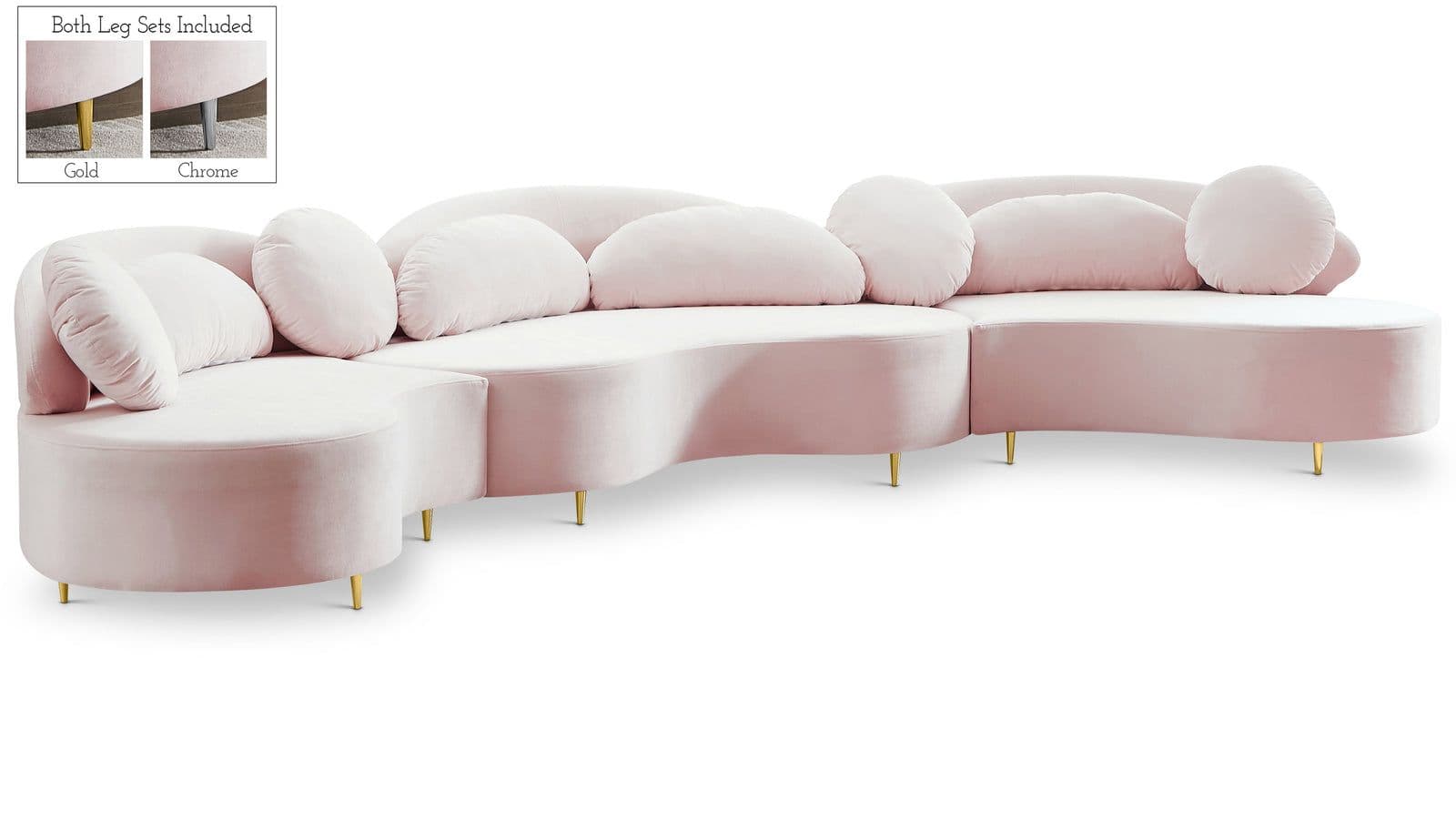 Selene 169" Pink Velvet Upholstered Sectional, 3-Piece