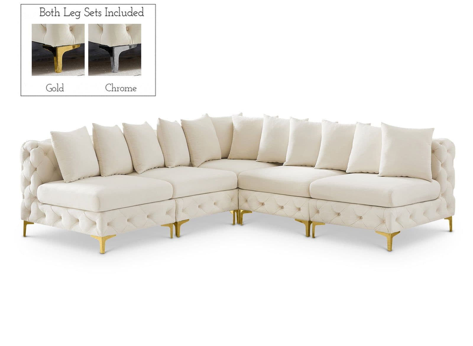Monroe 99" Cream Velvet Upholstered Sectional, 5-Piece