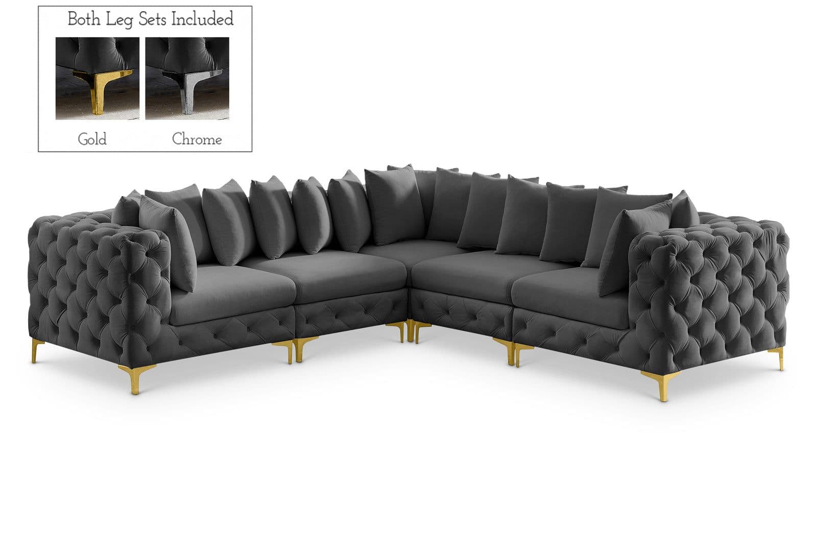 Monroe 109" Grey Velvet Upholstered Sectional, 5-Piece