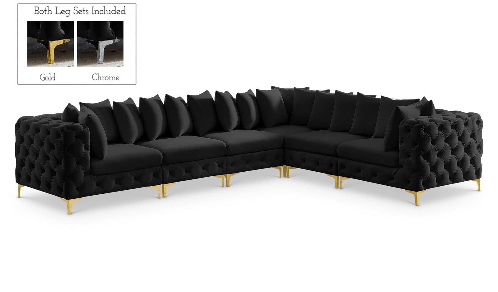 Monroe 139" Black Velvet Upholstered Sectional, 6-Piece