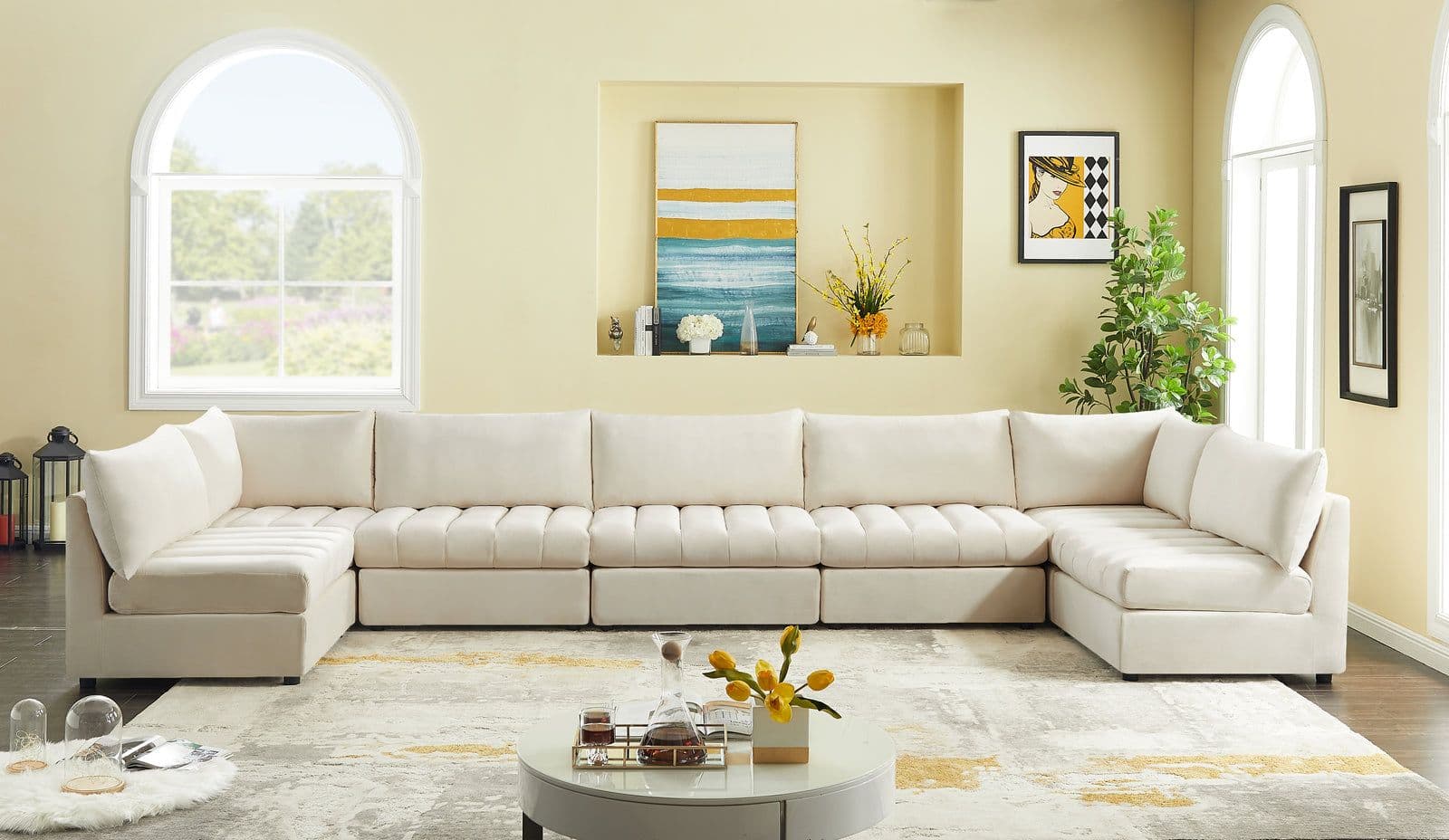 Rowan 177" Cream Velvet Upholstered Sectional, 7-Piece