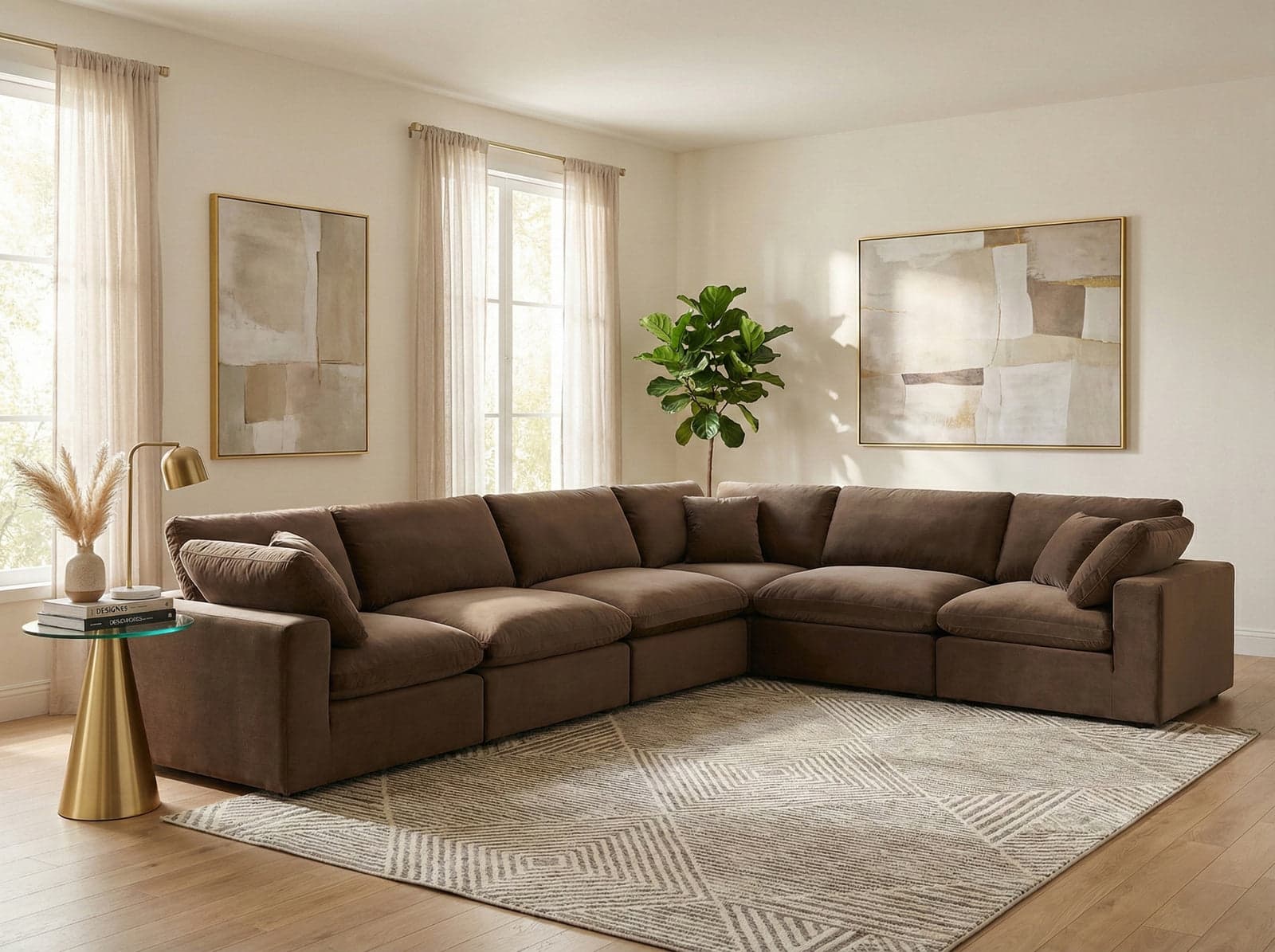 Farrah 158" Brown Velvet Upholstered Sectional, 6-Piece — View 1 (1/3)