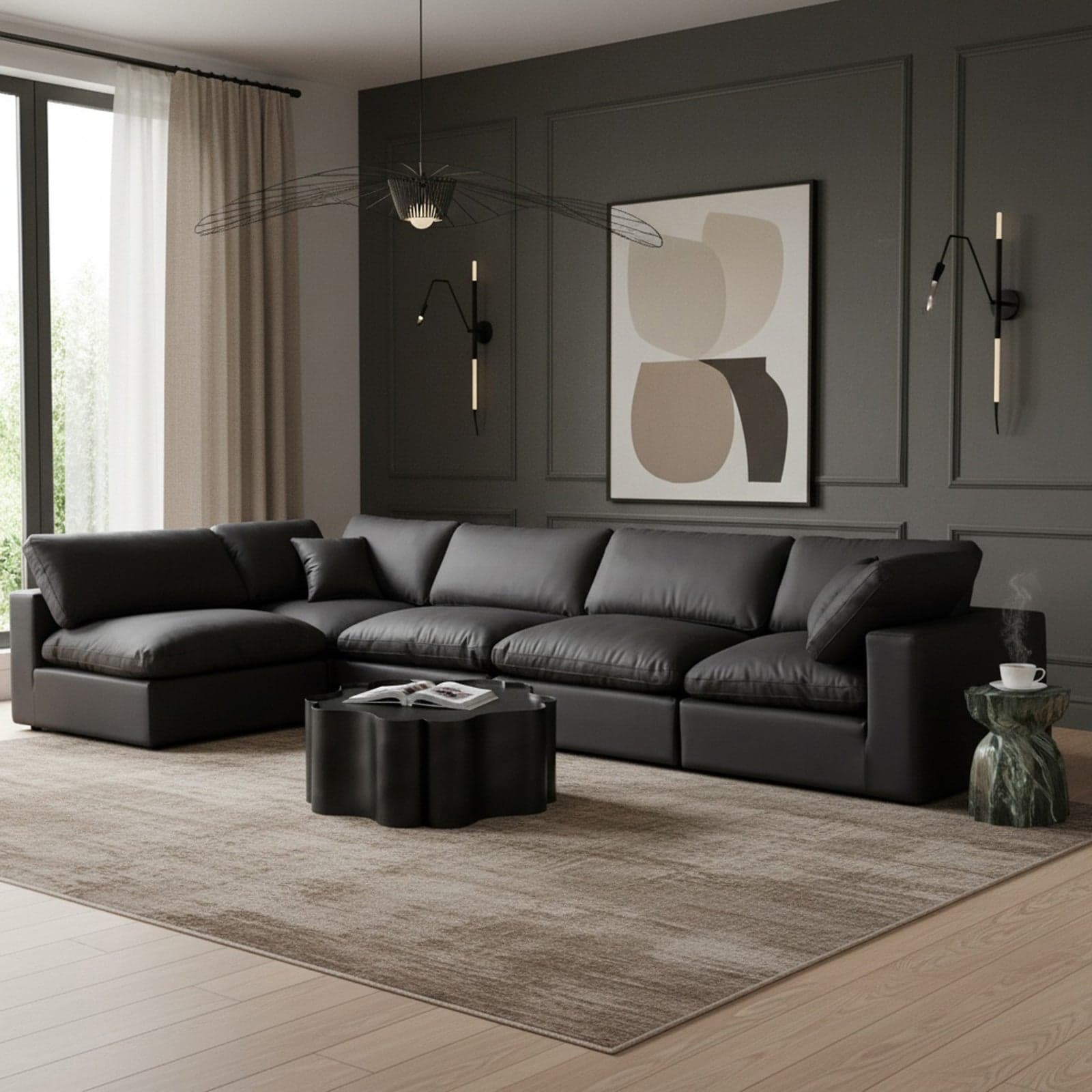 Farrah 158" Black Vegan Leather Upholstered Sectional, 5-Piece (Style 2) — View 1 (1/3)